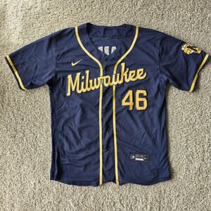 Nike Adult Navy Milwaukee Brewers Jersey Sz L XL, Let's Go Brandon #46